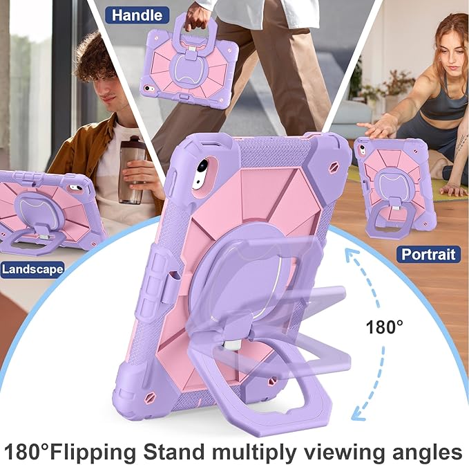 Case for iPad (A16) 11th Generation 11 Inch (2025) iPad 10th Generation Case 10.9 Inch (2022) Shockproof Cover with 360° Rotating Stand Screen Protector Pen Holder Shoulder Strap Purple Pink