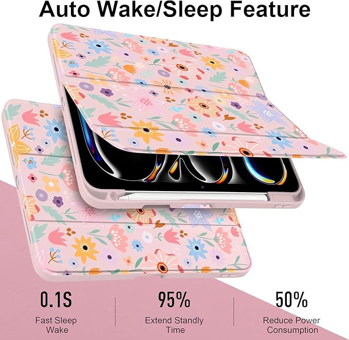 Case for iPad Pro 13 inch (M5) 2025 (M4) 2024 Release Slim Lightweight Cute Light Pink Cover with Clear Back TPU Edge Pencil Holder Trifold Stand Colorful Flowers