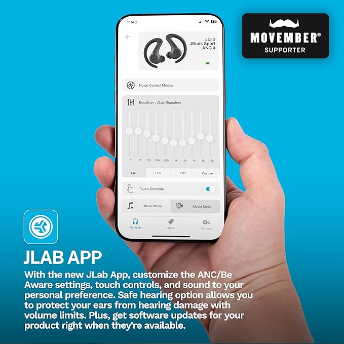JLab JBuds Sport ANC 4 True Wireless Bluetooth Earbuds + Charging Case Graphite Swipe + Touch Controls Hybrid Active Noise Cancelation Multipoint Connect Customized Settings App