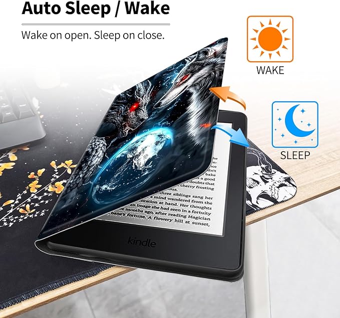 Case for All-New 7 Kindle Paperwhite 12th Gen 2024 &amp Kindle Colorsoft Signature EditionPU Leather Cover with Auto Sleep Wake FeatureWolf Dragon Moon
