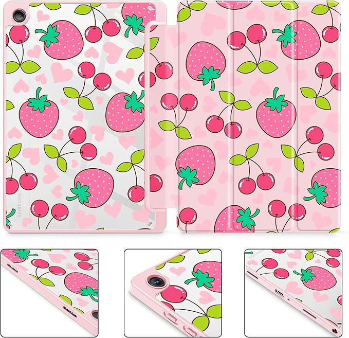 Tuiklol for Samsung Galaxy Tab A9+ Tablet 11” / A9+ Plus 2024 2023Buit-in S-Pen Holder with Clear Protective Cover Transparent Back Shell Auto Wake/Sleep Samsung Tab A9 Plus CoverStrawberry &amp ch