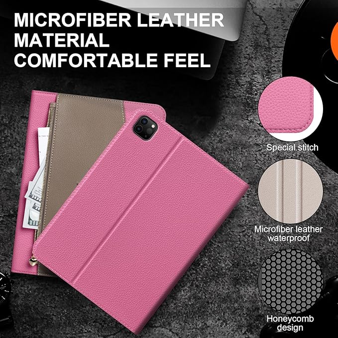 for iPad Pro 11 inch Case 2018-2022 Models Premium Microfiber Leather Protective Cover with Zippered Pocket Buckle ClosureAuto Wake/Sleep &amp Stand (Pink with Grey)
