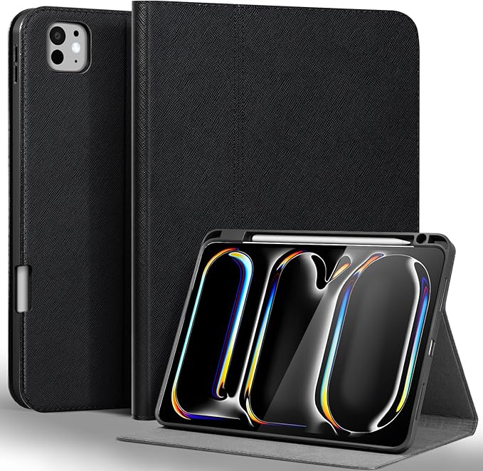 Gexmil Genuine Leather Case for iPad Pro 11 Inch (M5/M4) 2025/2024 with Pencil HolderProtective Shockproof Leather Smart Folio Cover Adjustable Stand Auto Sleep/Wake Anti-SlipCross-Hatched Black