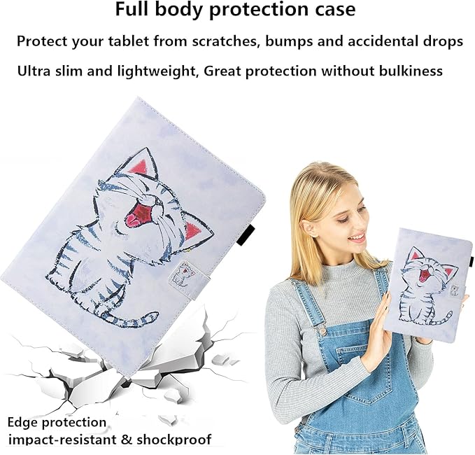 Kindle Fire HD 10 Tablet Case 9th and 7th Generation with Pencil Cards Holder UUcovers Smart Folio Stand Synthetic Leather Cover [Auto Wake/Sleep] for Amazon Fire HD 10.1 Inch 2019/2017 Cute Cat
