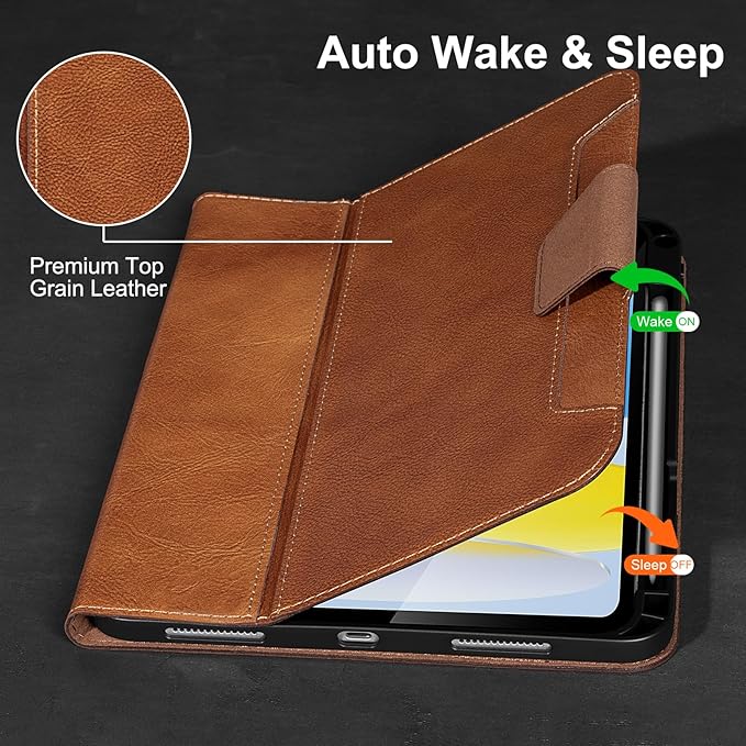 Gexmil Leather Case for iPad (A16) 11th Generation 11 Inch 2025 iPad 10th Generation 10.9 Inch 2022Protective Cover with Pencil HolderMagnetic ClosureAuto Sleep/WakeVegetable Tanned Brown