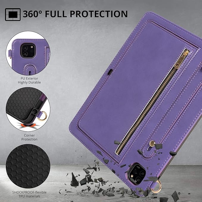 Dteck Case for iPad Air 13 inch M2 2024/iPad Pro 12.9 Case 6th/5th/4th/3rd Generation 2022/2021/2020/2018Premium PU Leather Shockproof Protective Case Zipper Pocket Strap Soft TPU Back CoverPurple