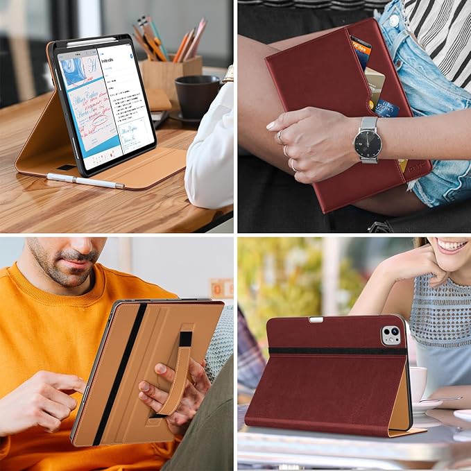 DTTO for iPad Pro 13 inch Case (M5/M4) 2025/2024 Premium Leather Business Folio Stand Cover with Pencil Holder - Auto Wake/Sleep &amp Multiple Viewing Angles Built in Hand Strap &amp Pocket Burgu