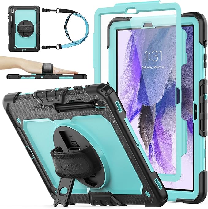 SEYMAC stock Case for Samsung Galaxy Tab S7 FE / S8 Plus 5G Case 12.4'' with Screen Protector Pencil Holder [360 Rotating Hand Strap] &ampStand Drop-Proof SkyBlue/Black