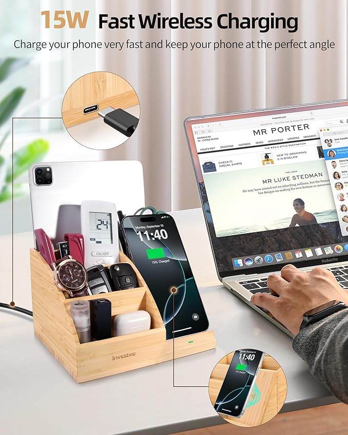 Bamboo Pen Holder with Wireless Charger Desk Organizer with 5 Compartments for Home Office Supplies Compatible with iPhone &amp Samsung Series