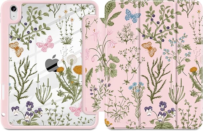 DONGKE Case for iPad (A16) 11th Generation 11 inch 2025 &amp iPad 10th Gen 10.9 inch 2022 [Built-in Pencil Holder] Clear Acrylic Back Trifold Stand Smart Cover Auto Sleep/Wake Wildflower &amp But