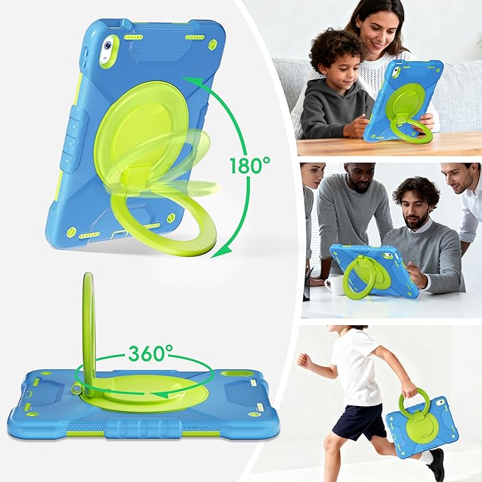 Case for iPad (A16) 11th Generation 11 inch 2025/10th Generation 10.9 inch 2022 Shockproof Cover with Screen Protector/360° Rotate Handle/Bracket/Pen Holder/Shoulder Strap (Blue+Green)