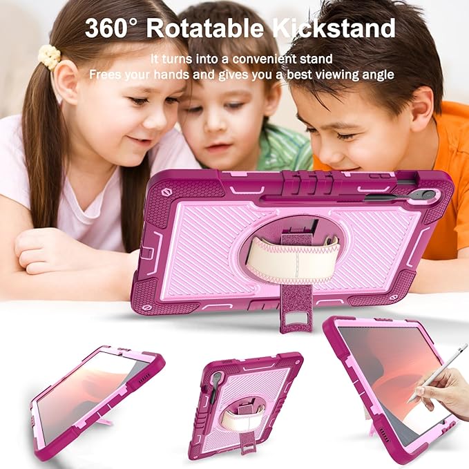 Tablet Case Compatible with Samsung Galaxy Tab S10 FE Plus 13.1 Inch 2025 Model (SM-X620/X626) CaseHeavy Duty Shockproof Rugged Protection Cover Stand &ampHand Strap+Shoulder Strap(Rose Red)