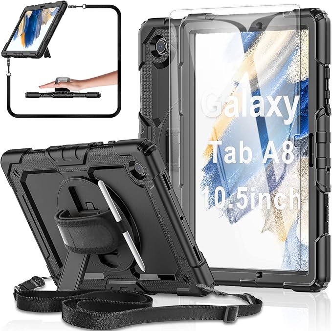Case for Samsung Galaxy Tab A8 5G Tablet Case 10.5 inch [with Tempered Glass Screen Protector] Rotatable Kickstand S Pen Holder Hand/Shoulder Strap (Black)