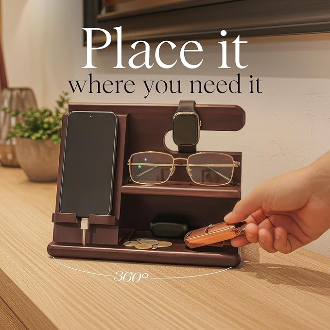 360° Rotating Nightstand Organizer - Wood Phone Docking Station with Rotating Base Charging Slot Holds watch Wallet Keys Eyewear - Birthday Gifts for Men &amp Women Bedroom or Office Use Dark