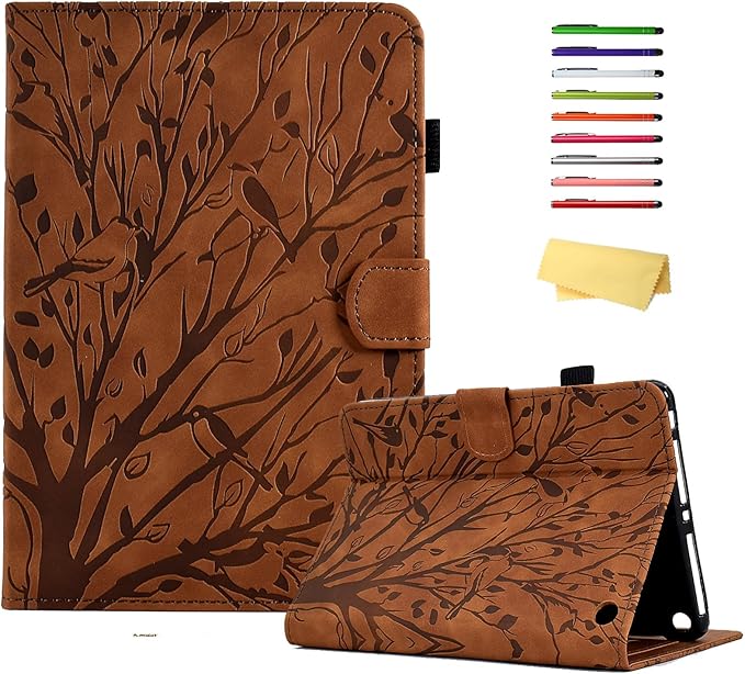 for Amazon Kindle Fire HD 8 &amp Fire HD 8 Plus Case (12th/10th Generation 2024/2022/2020) 8 UUcovers Embossed Magneic Smart Cover with Stand/Pencil Holder [Auto Sleep/Wake] Brown Lucky Tree
