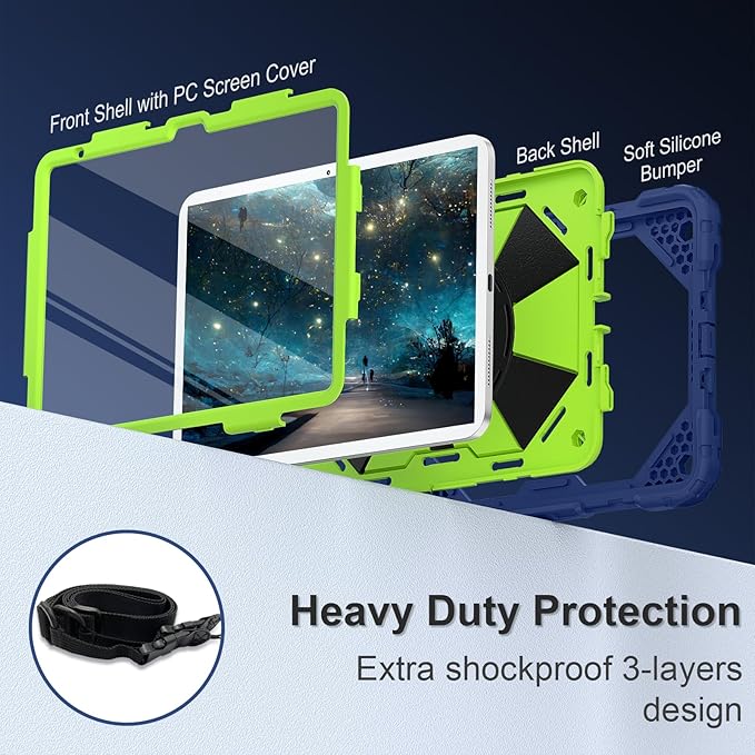 Case for iPad (A16) 11th Generation 11 Inch (2025) / iPad 10th Generation Case 10.9 Inch (2022) with 360° Rotating Stand Screen Protector Pen Holder Shoulder Strap Navy Green