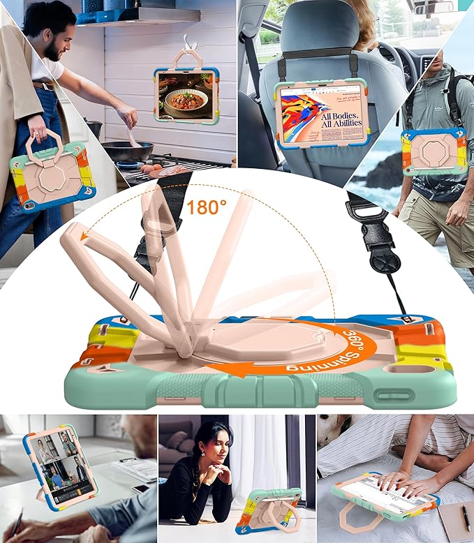 JKSML Case for iPad (A16) 11th/10th Gen | 360° Rugged Rotating Stand | Pencil Holder | Adjustable Shoulder Strap | Heavy Duty Drop Protective Cover for iPad 10.9 (2022)/ 11 (2025) - Colorful