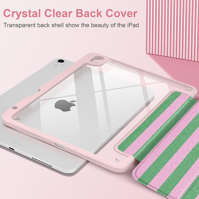 DONGKE Case for iPad Air 11-inch M4 2026 &amp M3 2025 &amp M2 2024 iPad Air 5th/4th Generation 10.9 2022/2020 [Built-in Pencil Holder] Clear Acrylic Back Trifold Stand Smart Cover Green Stripes