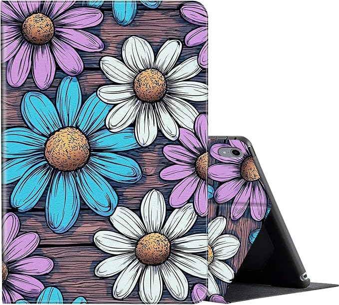 Purple Blue White Daisy on Wood