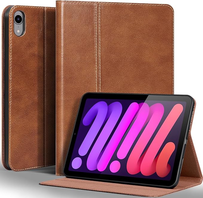 Gexmil Leather Case for iPad mini 7 (A17 Pro) 2024 / iPad mini 6 Generation 2021 8.3 InchPremium Cowhide Cover with Adjustable Stand Auto Wake/SleepVegetable Tanned Brown