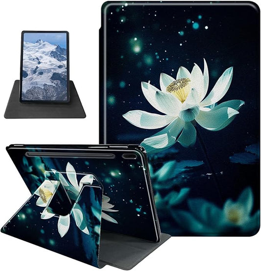 White Lotus Flower Pattern Case for Samsung Galaxy Tab S8 Plus 2022/S7 FE 2021/S7 Plus 2020 12.4 InchBFDHGQZC 360 Degree Rotating Stand Protective Cover with Auto Sleep/Wake