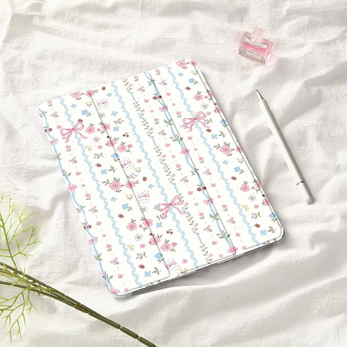 Idocolors Cute Kawaii Floral Bunny Bow Pad Case for 7.9 Inch iPad mini 4/iPad mini 5 Clear TPU Smart Stand Back Cover with Pencil Holder Auto Wake/Sleep Foldable Case for Women Girls