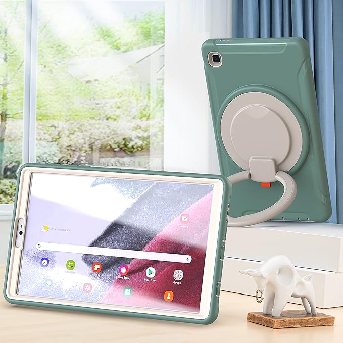 Shockproof Case for Samsung Galaxy Tab A7 Lite 8.7 Tablet Techcircle Rotating Stand Handle Heavy Duty Bumper Hybrid Cover Protective Case for Galaxy Tab A7 Lite (2021) SM-T220/T225 Dark Green