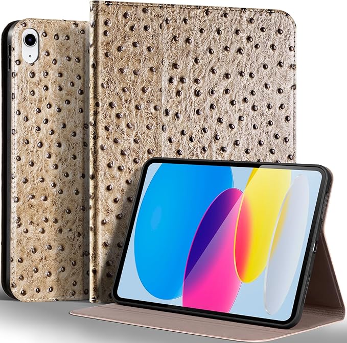 Gexmil Leather Case for iPad (A16) 11th Generation 11 Inch 2025 iPad 10th Generation 10.9 Inch 2022Protective Top Grain Leather Cover Support Auto Sleep/WakeAnti SlipKhaki Ostrich Grain