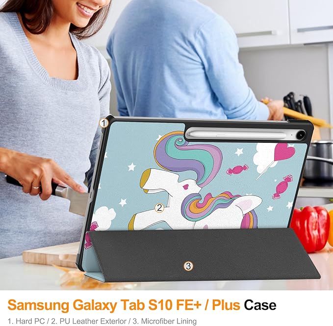 Case for Samsung Galaxy Tab S10 FE+/S10 FE Plus 13.1 Inch 2025 Model (SM-X620/SM-X626B) Tri-Fold Stand Smart PU Leather &amp Hard Back Shockproof Cover with Auto Wake/Sleep Rainbow Unicorn