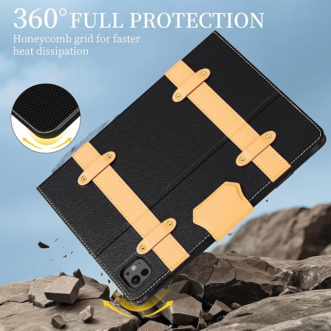iPad Case for iPad Pro 13 Inch (M5/M4) 2025/2024Leather Folio Cover with Pencil HolderAuto Wake/Sleep Adjustable StandDetachable Magnetic Closure Protection Case-Multiple Straps Black