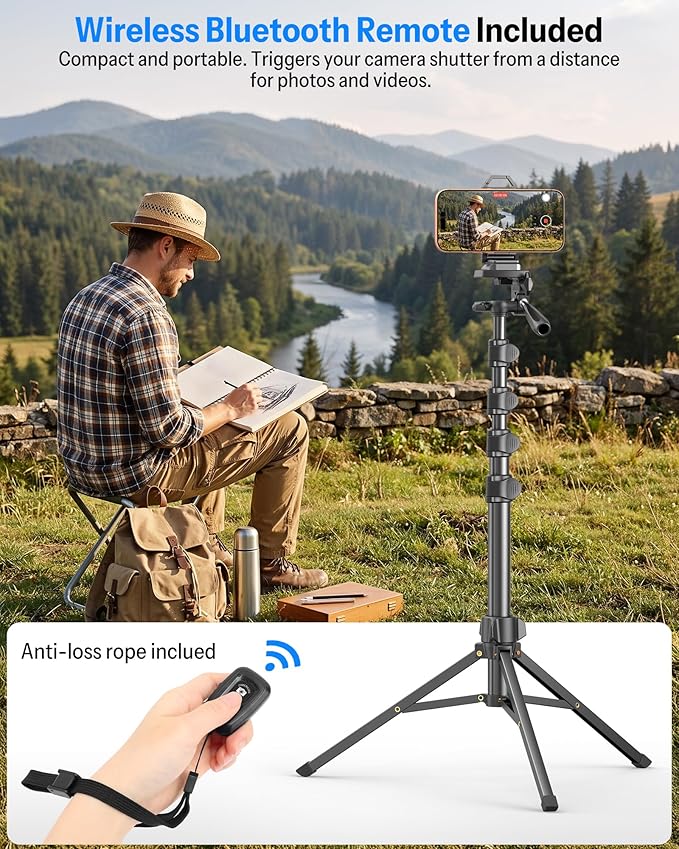 OMOTON TS01 65 Magnetic Phone Tripod for iPhone &amp Camera Cell Phone Stand with Remote Stable Height Adjustable Multi-Angle Shot Selfie Stick Tripod for Video Recording Live Streaming Black Se