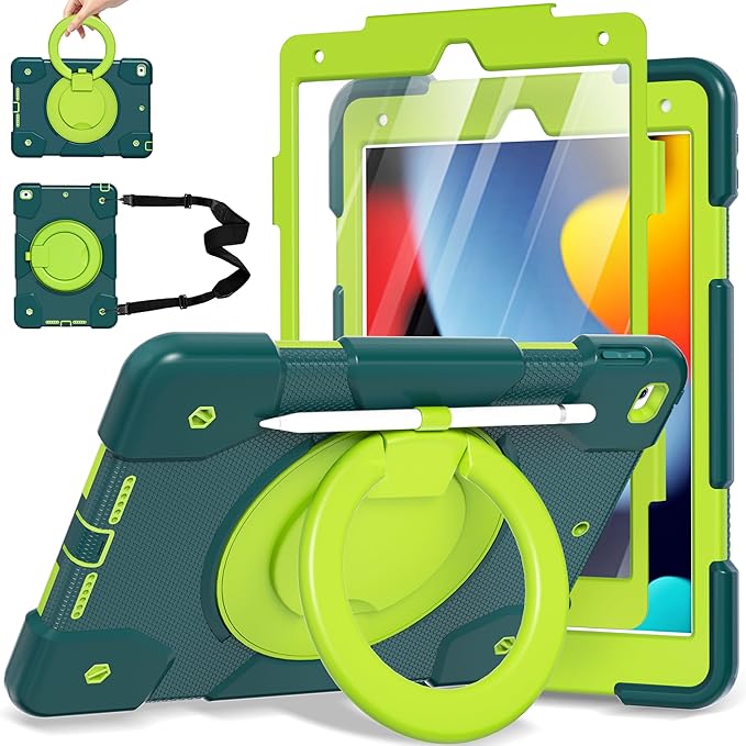 Case for iPad 9th/8th/7th Generation 10.2 inch Shockproof Cover with Screen Protector/360° Rotate Stand/Pencil Holder/Shoulder Strap Kids Case for iPad 2021/2020/2019 (Dark Green+Green)