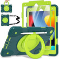 Case for iPad 9th/8th/7th Generation 10.2 inch Shockproof Cover with Screen Protector/360° Rotate Stand/Pencil Holder/Shoulder Strap Kids Case for iPad 2021/2020/2019 (Dark Green+Green)