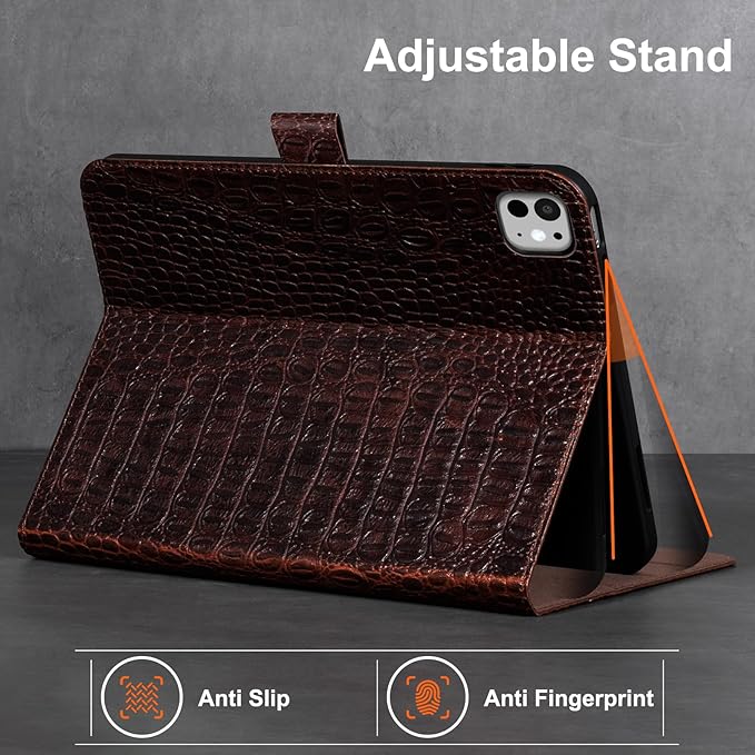 Gexmil Leather Case for iPad Pro 11 Inch (M5/M4) 2025/2024 with Magnetic Closure Adjustable StandProtective Shockproof Leather Smart Folio Cover Auto Sleep/Wake Anti-SlipBrown Crocodile