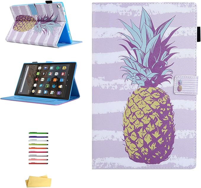 Fire HD 10 Case (9th Generation 2019 and 7th Gen 2017) with Pencil Holder [Multiple Angle Viewing] Stand Smart PU Leather Cover [Auto Sleep/Wake] for Amazon Kindle Fire 10.1Gold Pineapple