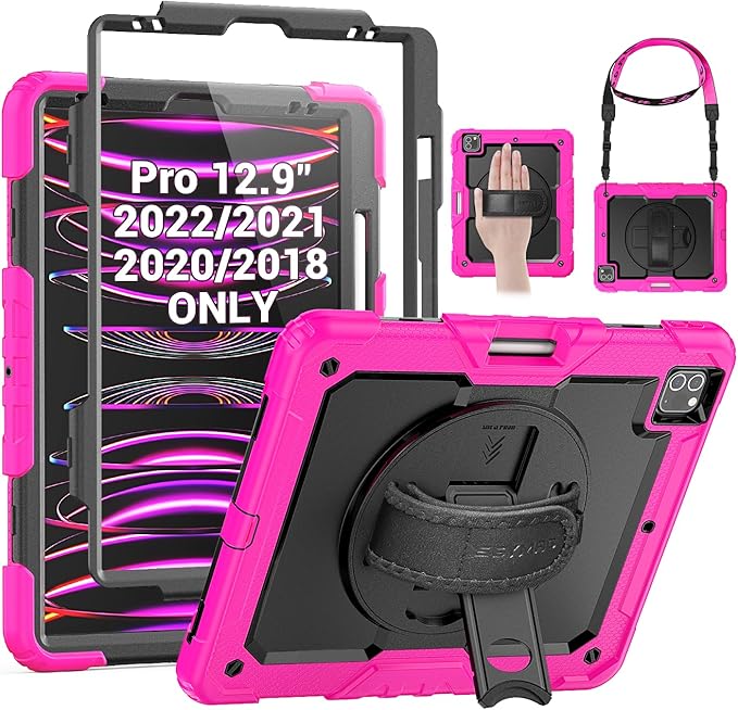 SEYMAC Kids Case for iPad Pro 12.9 2022/2021/ 2020/2018 Heavy Duty Protection Shockproof Case with Screen Protector 360° Rotating Stand/Handle/Shoulder Strap Supports Pencil 2 Charging Pink