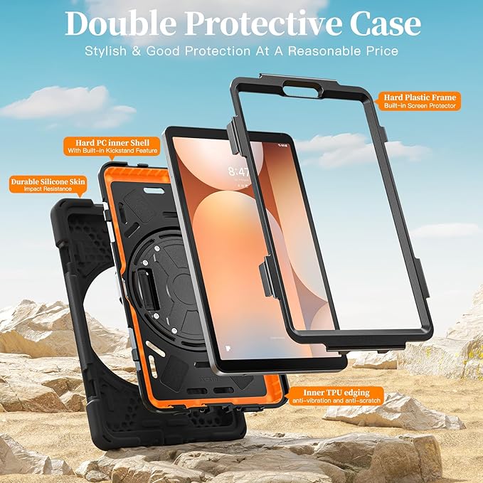 Lunivop Case Compatible with Samsung Galaxy Tab A11 Plus Case 11 Inch 360° Rotating Stand/Hand Strap with Built-in Screen Protector Heavy Duty Tablet Cover for Samsung Tab A11+ Plus Black