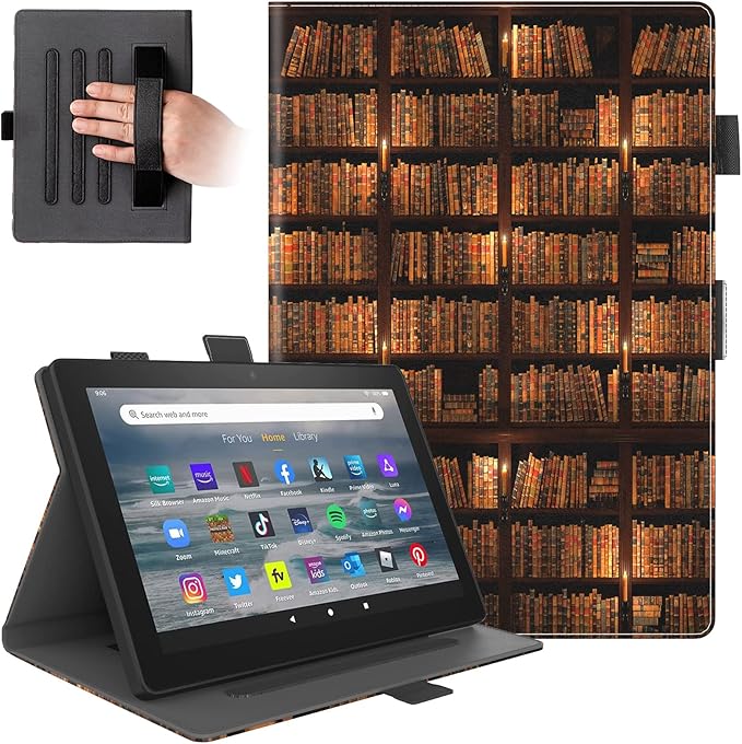 Dteck Folio Case for All-New Kindle Fire HD 10 &amp Fire HD 10 Plus Tablet 11th Generation 10.1 2021 ReleaseShockproof Protective PU Leather Case with Hand Strap Smart Stand Magnetic CoverBookshel