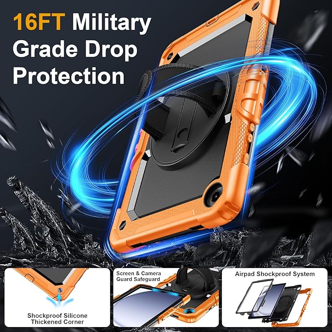 Case for Samsung Galaxy Tab A9+/A9 Plus 11 Inch 2023(SM-X210/X216/X218) Ubearkk Full-Body Drop Protection Case with Screen Protector 360° Rotating Stand and Hand/Shoulder Strap Orange