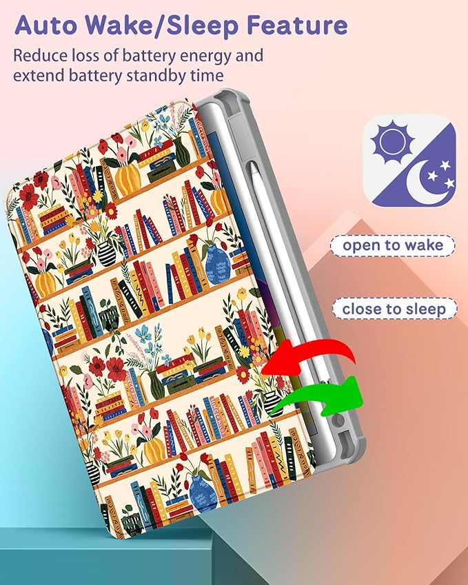 for iPad 9th/8th/7th Generation Case for iPad Air 3rd/ Pro 10.5” Case - 360 Rotating Stand Folio Smart Cover with Pencil Holder for Women Flower Bookshelf for Apple Tablet 7/8/9 Gen 10.2”