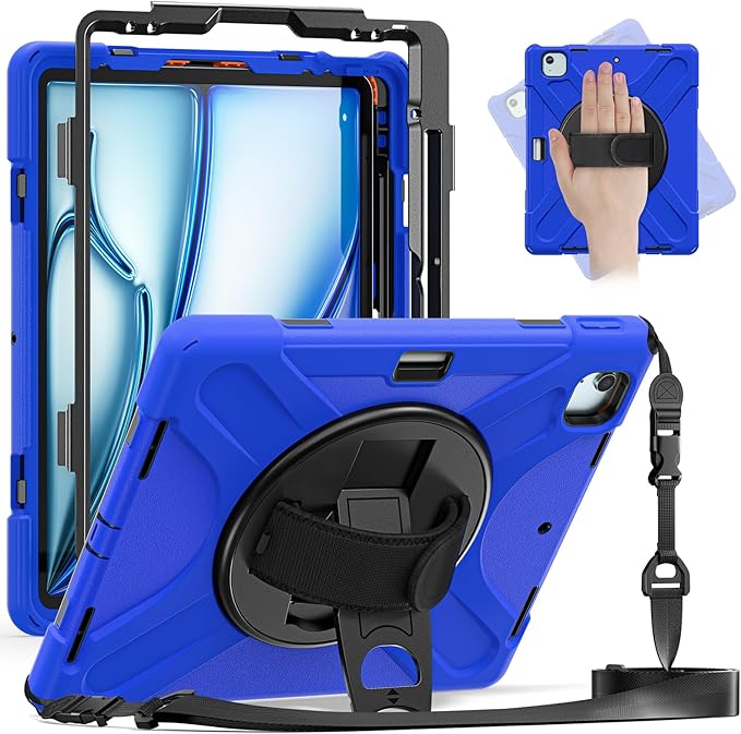 for iPad Air 13-inch M2 (2024) A2898/A2899 for iPad Pro 12.9 Rugged Case Portable Heavy Duty Shock-Proof Armor Cover with Swivel Kickstand/Hand Grip Shoulder Strap Pencil Holder (Blue)