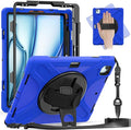 for iPad Air 13-inch M2 (2024) A2898/A2899 for iPad Pro 12.9 Rugged Case Portable Heavy Duty Shock-Proof Armor Cover with Swivel Kickstand/Hand Grip Shoulder Strap Pencil Holder (Blue)