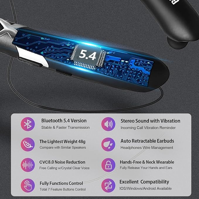 Neckband Bluetooth Headphones Bluetooth 5.4 Wireless Headphone with Retractable EarbudCVC8.0 Noise Cancelling 16Hrs Playtime Around The Neck Headphones Stereo Headset for Music Conference Videos