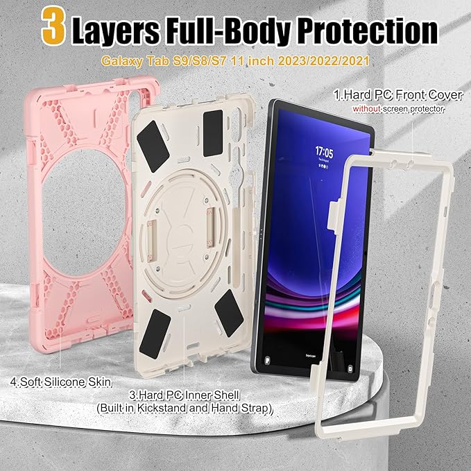 BRAECNstock for Samsung Galaxy Tab S10 Lite/ S10 FE/ S9 FE/ S9/ S8/ S7 5G Case 10.9/11 Shockproof Protective Kids Case with Pen Holder Rotating Hand Strap &amp Stand Shoulder Strap Sakura Pink