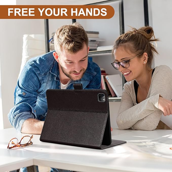 Genuine Leather Case for iPad Pro 11 Inch 4th/3rd/2nd/1st Generation 2022/2021/2020/2018 | with Pencil Holder and Adjustable Stand Magnetic Closure Auto Wake/Sleep Cover | Dark Brown