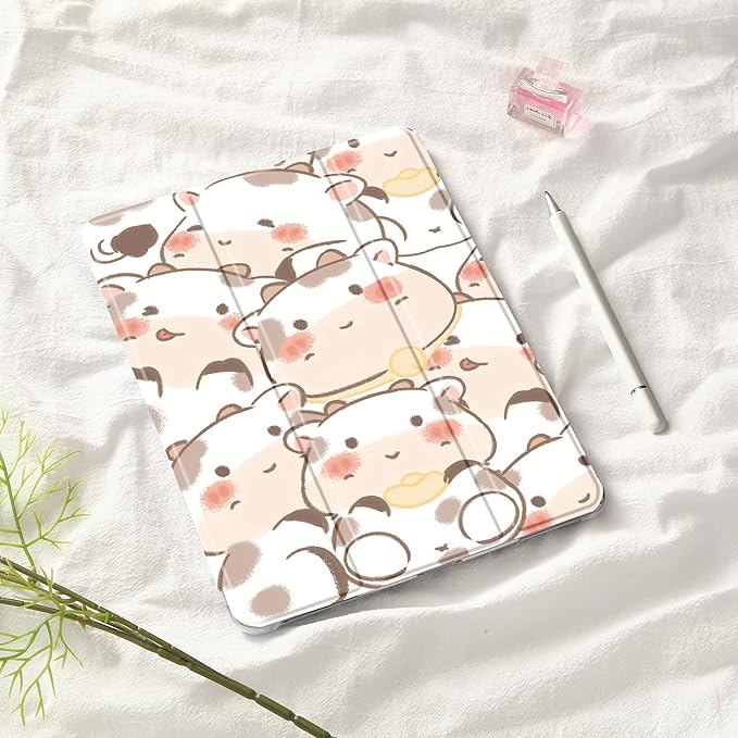Idocolors Cute Kawaii Cow Pad Case for 10.9 Inch iPad Air 4 2020/iPad Air 5 2022 Clear TPU Trifold Stand Back Cover with Pencil Holder Auto Wake/Sleep Foldable Shockproof Protective Case