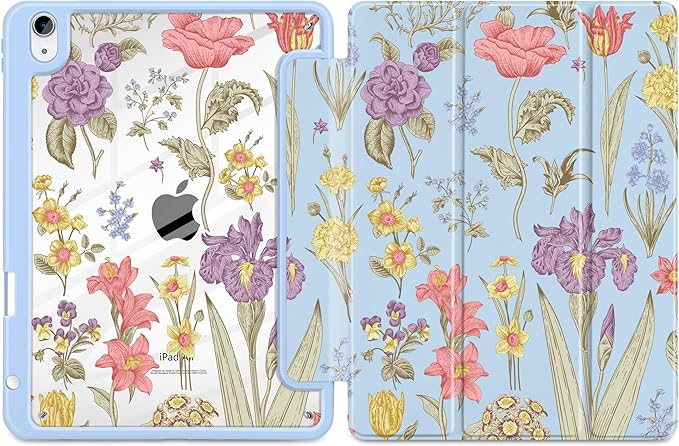 DONGKE Case for iPad Air 11-inch M4 2026 &amp M3 2025 &amp M2 2024 iPad Air 5th/4th Generation 10.9 2022/2020 [Built-in Pencil Holder] Clear Acrylic Back Trifold Stand Smart Cover Blue Botanical