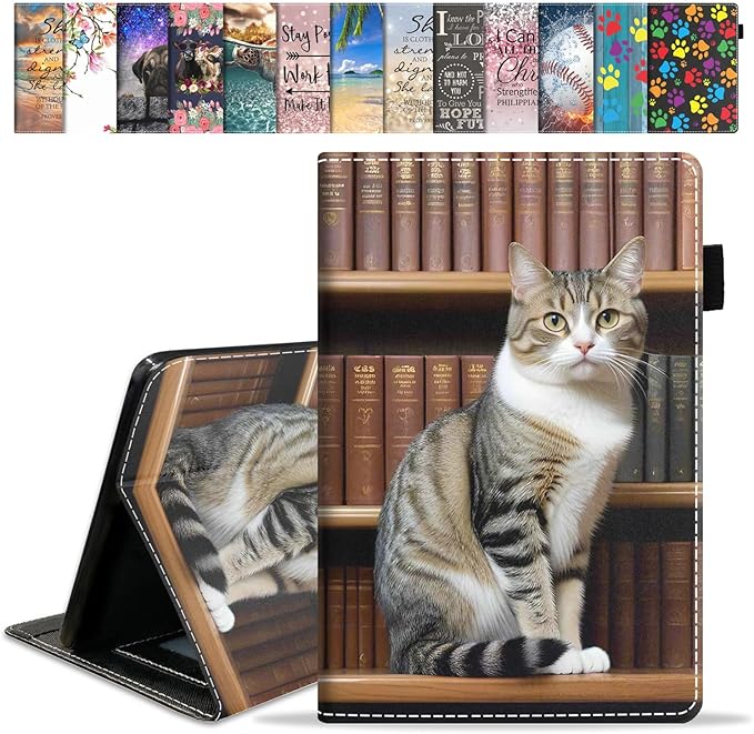 Case for Amazon Kindle Fire HD 10 &amp 10 Plus Tablet 10.1 (13th/11th Generation 2023/2021 Release) - Premium PU Leather Cover with Auto Sleep Wake Cat On Bookshelf
