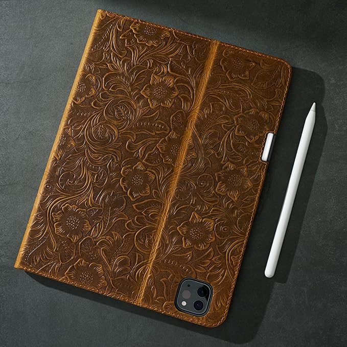 Gexmil Genuine Leather Case for iPad Pro 11 Inch (M5/M4) 2025/2024 with Pencil HolderProtective Shockproof Leather Smart Folio Cover Adjustable Stand Auto Sleep/Wake Anti-Slip Flower Brown