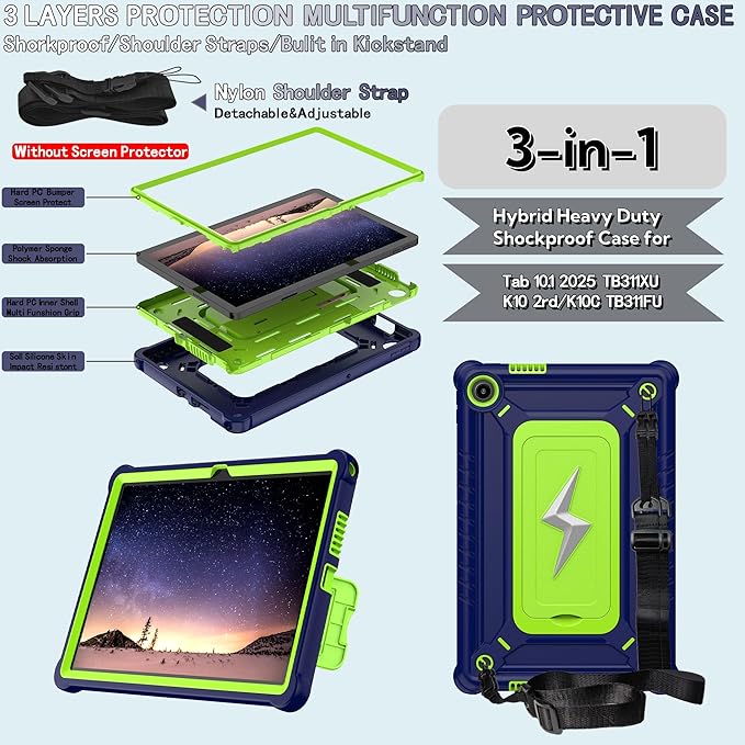 Case for Lenovo Tab 10.1 inch 2025 Released (TB311FU) - Hybrid Protective Case Cover with Kickstand Lightning Design (Navy Blue/Green)